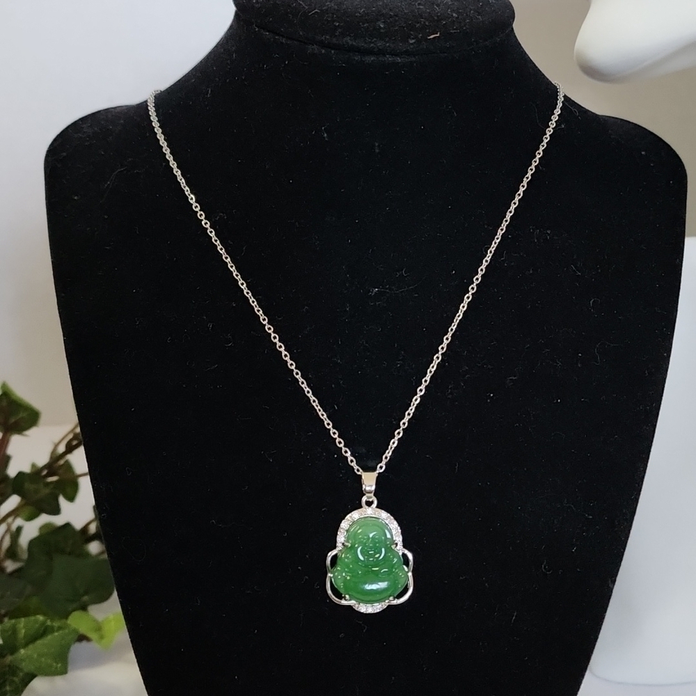 Silver Jade Green Buddah Pendant with Chain Necklace